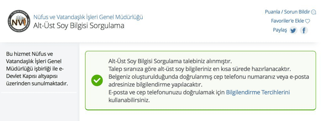 Alt-Üst Soy Bilgisi Sorgulama talebiniz alınmıştır onay ekranı